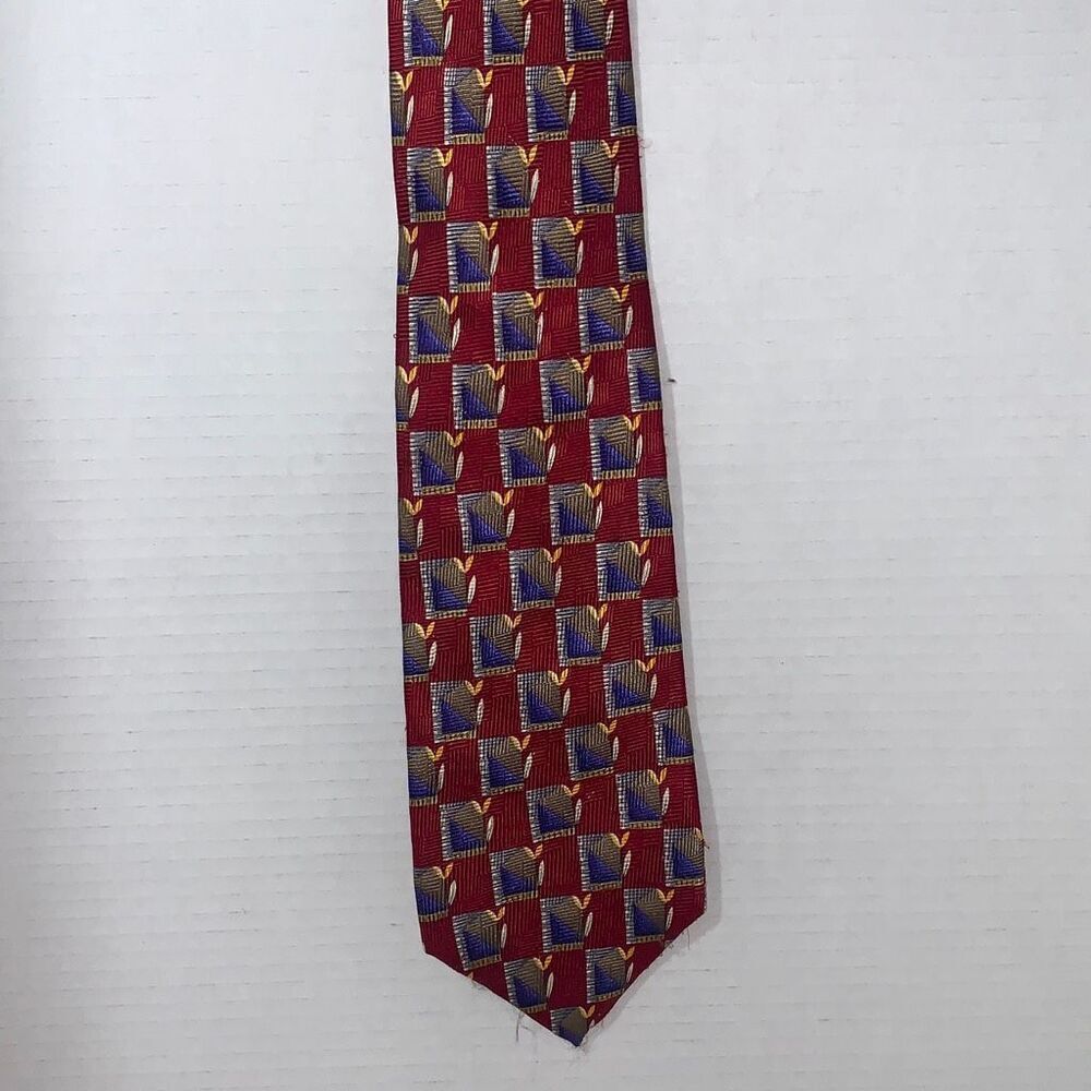 Robert Talbott Geometric Print Mens Hand Sewn Silk Neck Tie Burgundy Blue‎